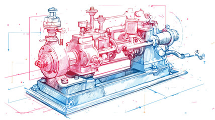 Detailed Machine Illustration with Red and Blue Design in Vector Format