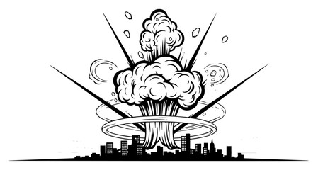 Massive Mushroom Cloud Explosion over City Skyline – Dramatic Monochrome Line Art Vector Disaster Illustration © Luka