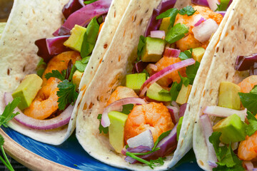 Seafood Street Tacos with Shrimp, Avocado, and Lime Wedges