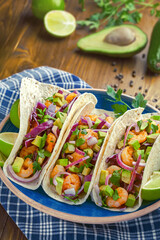 Seafood Street Tacos with Shrimp, Avocado, and Lime Wedges