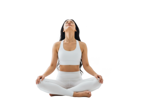 Serene woman in white athletic wear practicing a calming meditation pose with eyes closed on a transparent background isolated on transparent background