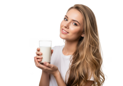 Young woman holding a glass of white liquid smiling happily isolated on transparent background