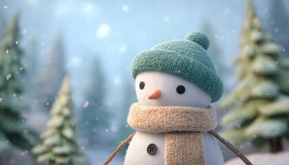 Adorable stuffed snowman figure wears knitted winter accessories amidst falling snow in a forest setting