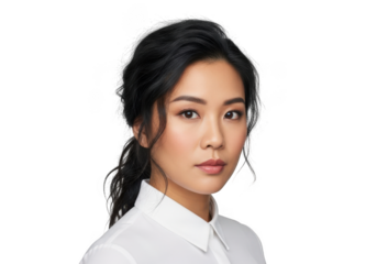 Professional portrait of a young asian woman with dark hair wearing a white collared shirt isolated on transparent background