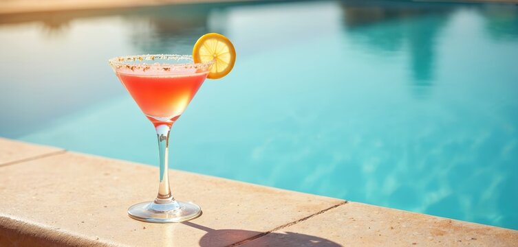 Pink cocktail with lemon slice sits on pool edge. Refreshing drink cools warm day, ideal for summer holidays and resort relaxation vibes. Enjoy cool.