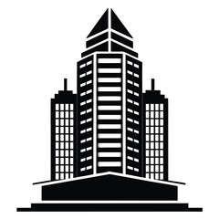 Black building silhouette presents three distinct sections with pyramid top, set against a white backdrop