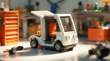 modular electric battery being removed from a tiny japanese microcar, bright workshop environment, clean tools, soft shadows, minimalistic tech