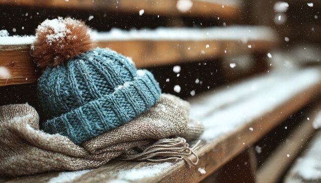 Knit winter headwear and fabric rest upon a snow-dusted wooden surface during a snowfall