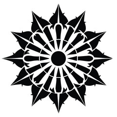 Symmetrical black and white abstract floral mandala radiates from center with pointed edges, creating an intriguing artistic pattern