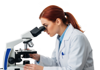 Focused female scientist in a white lab coat meticulously examining a specimen under a high powered microscope isolated on transparent background