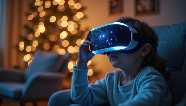 Child wears virtual reality headset indoors, exploring starry night sky with constellations visible. Blurred Christmas tree lights glow in background. Future learning concept.