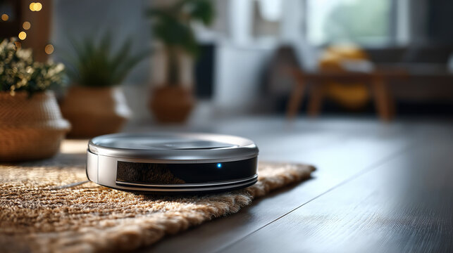 Robotic vacuum stuck on a thick rug edge little warning light flashing wide shot with negative space no people smart home fail robot vacuum stuck home tech everyday chaos