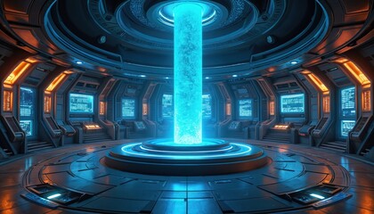 Inside futuristic power plant with glowing blue column. Modern tech, monitors, panels around. Energy source creates sci-fi atmosphere in control room. Might symbolize future, hi-tech, science, space
