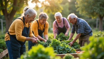 Elderly friends work together harvesting vegetables in sunny community garden. Seniors share joy and connection while tending crops in urban farm setting, promoting healthy living and cooperation.