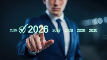 Businessman selecting 2026 as the year of success with innovative future projections