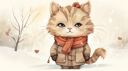 Cute winter cat in a coat and scarf. Cozy cartoon illustration