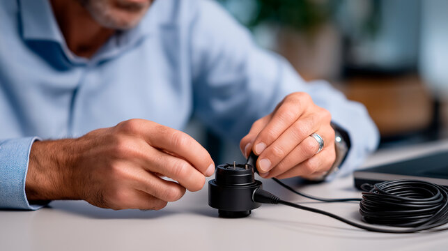 Faceless hands unplugging and replugging a smart plug troubleshooting ritual clean background IoT reset smart plug home automation tech support cyber hygiene with copy