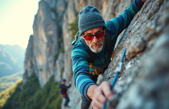 Mature man climbs steep rock face. Rock climber ascends with rope gear. Experienced hiker challenges on cliff. Another person ascending at scenic mountains outdoors at sunny day. Adventure concept. - Powered by Adobe