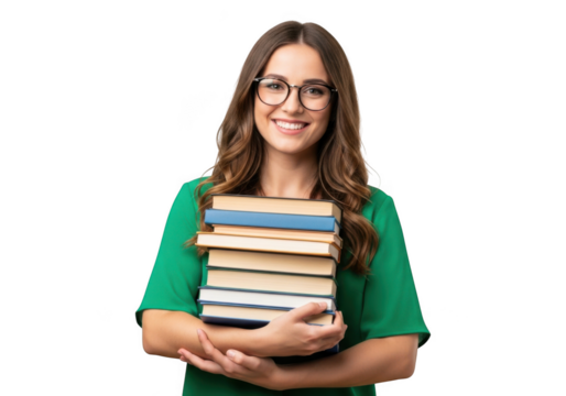 Young woman wearing glasses holding a stack of books smiling happily isolated on transparent background