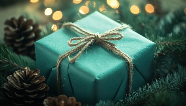 Teal wrapped gift box tied with rustic twine rests among evergreen branches and pinecones with bokeh lights in the background. - Powered by Adobe
