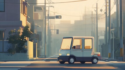 Fototapeta premium tiny electric vehicle driving through quiet tokyo street in early morning light, soft tones, gentle reflections, minimalistic scenery