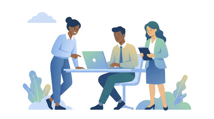 Diverse team collaborating on a project using a laptop and tablet in a modern office setting vector illustration