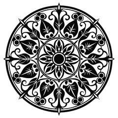 Black floral mandala shows intricate leaf and berry patterns in a circular symmetry