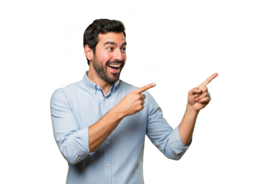 A cheerful man with a beard and a light blue collared shirt points with both index fingers to the right isolated on transparent background