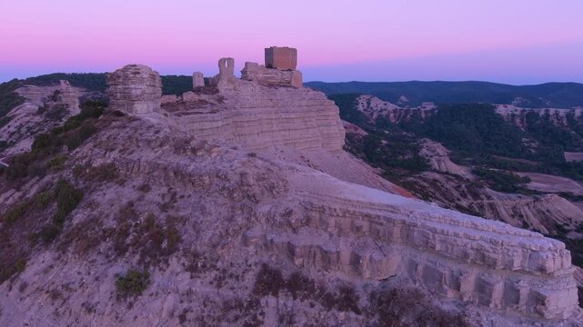 Aerial view from a drone of Sora Castle in Castejon de Valdejasa, in the Cinco Villas region. Zaragoza, Aragon, Spain, Europe	