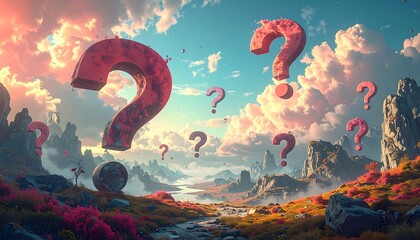 Whimsical landscape with floating pink question marks amidst misty mountains and stylized flora under a clouded sky