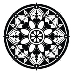 Stylized black and white floral medallion shows symmetrical leaf and petal designs in circular pattern © Pinak