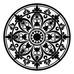 Black circular mandala features symmetrical flower and petal motifs, creating intricate patterns