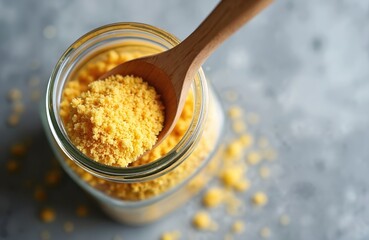 Close-up of nutritional yeast flakes in a jar, scooped with a wooden spoon. Yellow flakes offer B vitamins for vegan diets and healthy cooking.