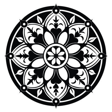 Stylized black and white floral medallion shows symmetrical leaf and petal designs in circular pattern