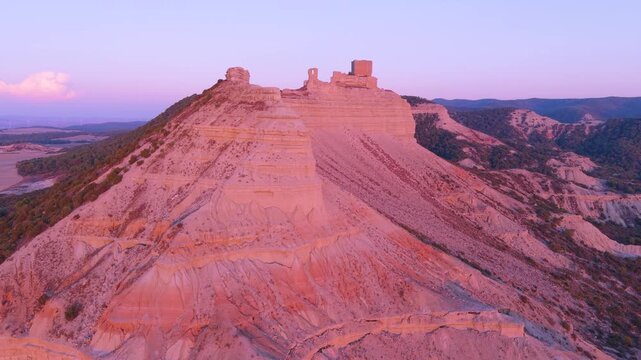 Aerial view from a drone of Sora Castle in Castejon de Valdejasa, in the Cinco Villas region. Zaragoza, Aragon, Spain, Europe	