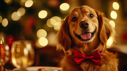 Happy golden retriever dog wearing red bowtie in festive setting  