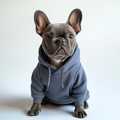 French Bulldog wearing a hoodie sitting on a light background  