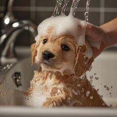 Puppy being bathed with soap and water in a sink  