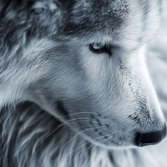 Close-up of a wolf's face with piercing eyes and fur details  