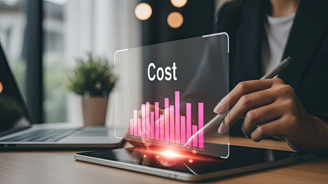 Analyzing business costs with holographic chart on tablet, financial management