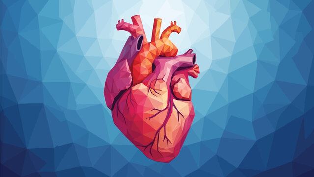 A stylized, low-polygon illustration of a human heart with detailed anatomical features stands out against a vibrant blue, geometric background.