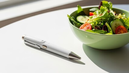 Fresh vegetable salad bowl and medical injection pen. Concept of healthy diet medication diabetes management weight loss treatment like semaglutide. Ideal healthcare nutrition blogs medical articles.