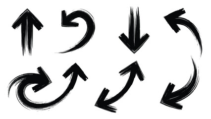 A collection of various black arrow icons with a brushstroke effect are displayed on a white background.