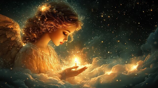 Festive background with little white guardian angel surrounded by lights at night.