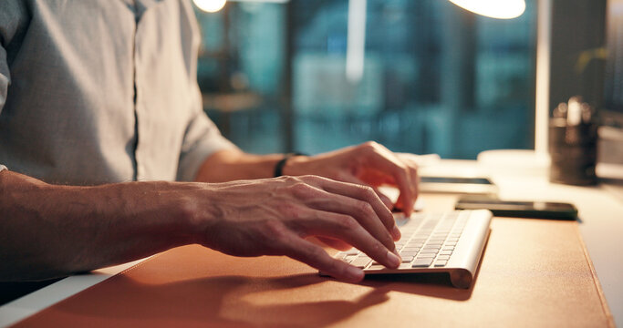 Office, typing and hands with keyboard, night and planning for article on web, reporter and creative. Online, draft and person with tech for story, journalist or working late for magazine publication