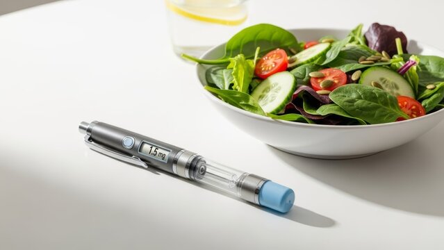 Fresh vegetable salad bowl and medical injection pen. Concept of healthy diet medication diabetes management weight loss treatment like semaglutide. Ideal healthcare nutrition blogs medical articles.