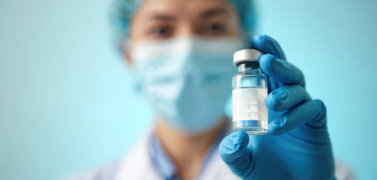 Doctor in mask and cap holds vaccine vial with blue gloved hand. Medical pro shows liquid dose for injection. Close up of medicine against blue background. Health care solution.