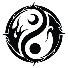 Black tribal yin and yang symbol features stylized dragon and flame elements