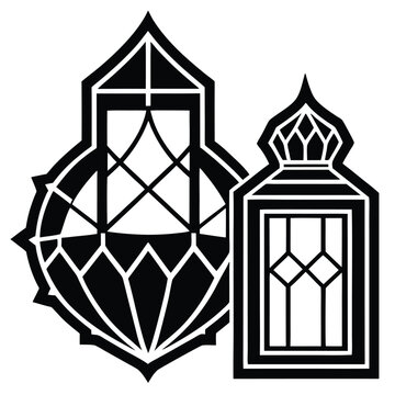 Ornamental openwork in a black, abstract style shows two intricate lanterns on white