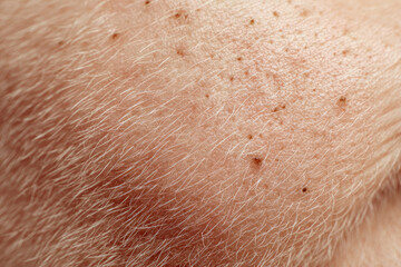 Fototapeta premium Real skin texture with visible pores and natural hair growth showing detailed surface and freckles for close up dermatology or beauty concept